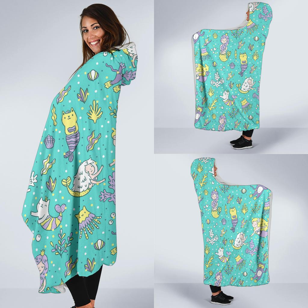 Mermaid Pattern Print Hooded Blanket-grizzshop