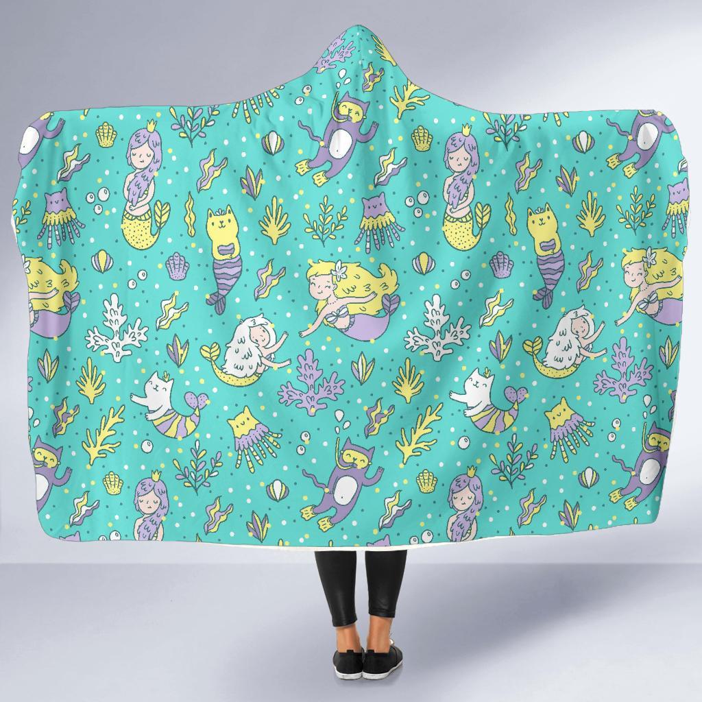 Mermaid Pattern Print Hooded Blanket-grizzshop