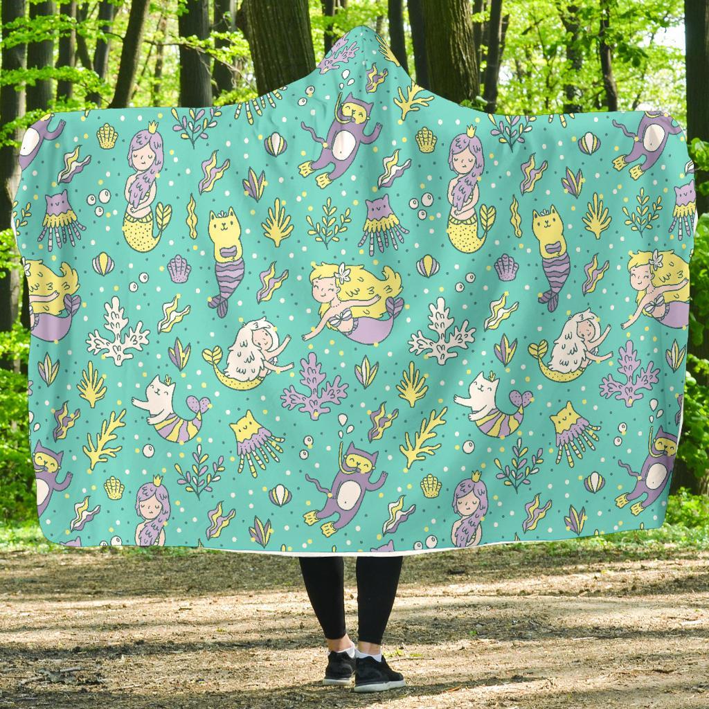 Mermaid Pattern Print Hooded Blanket-grizzshop