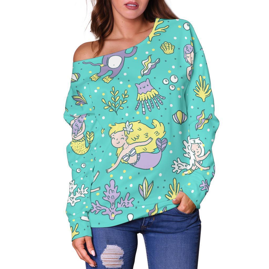 Mermaid Pattern Print Women Off Shoulder Sweatshirt-grizzshop