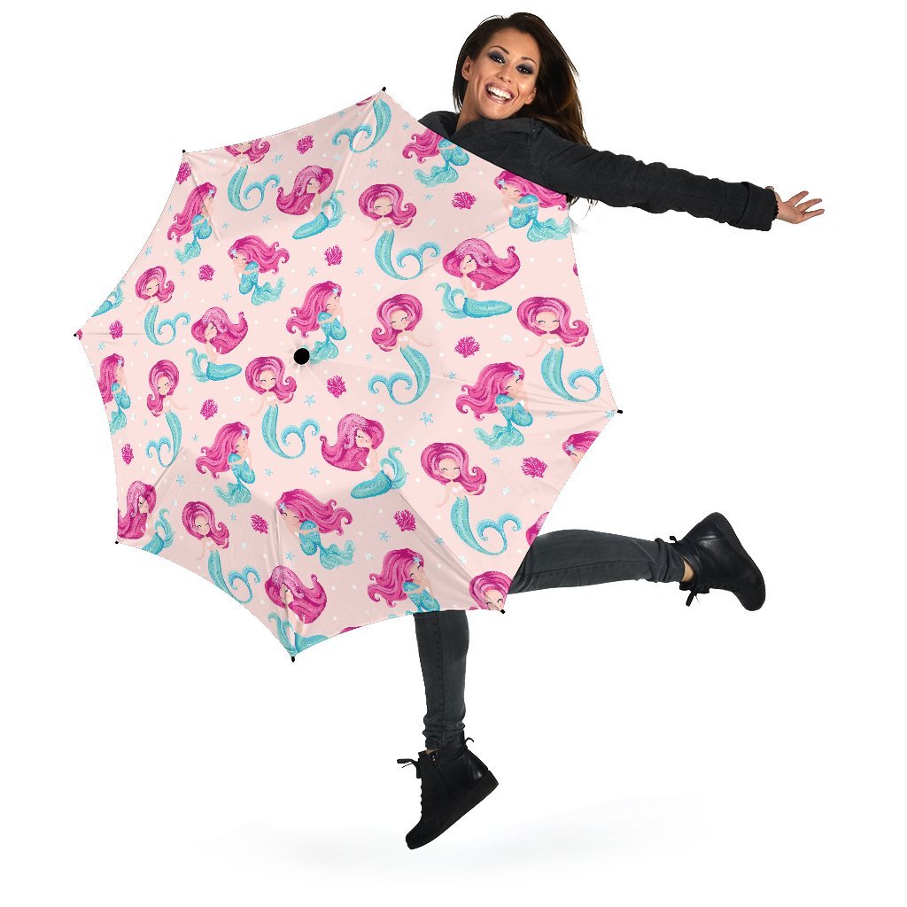 Mermaid Pink Pattern Print Automatic Foldable Umbrella-grizzshop