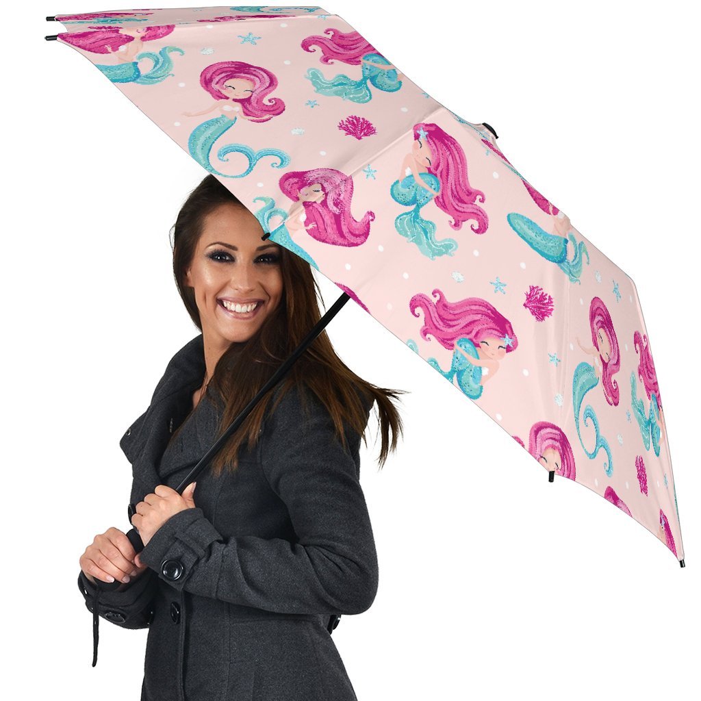 Mermaid Pink Pattern Print Automatic Foldable Umbrella-grizzshop