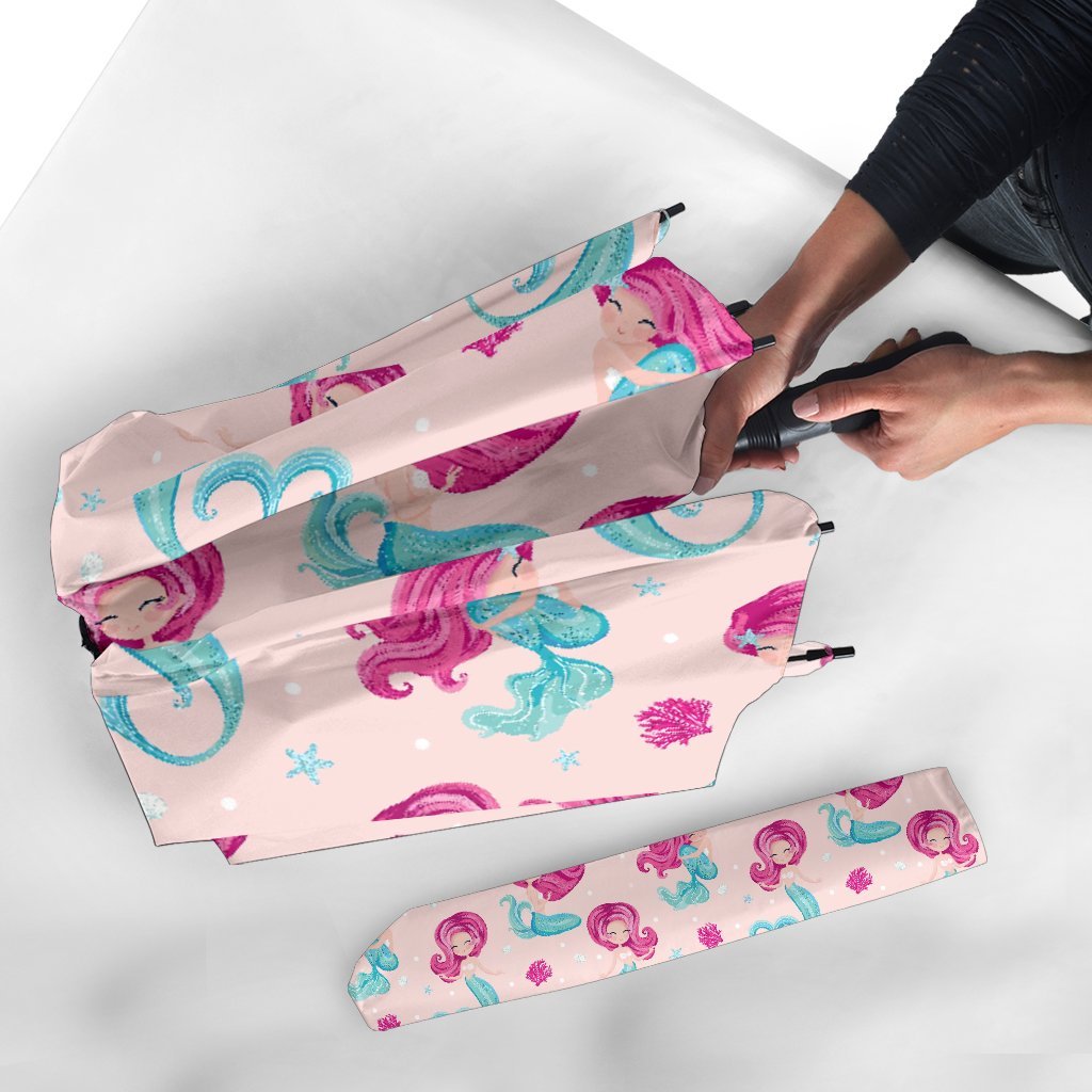 Mermaid Pink Pattern Print Automatic Foldable Umbrella-grizzshop