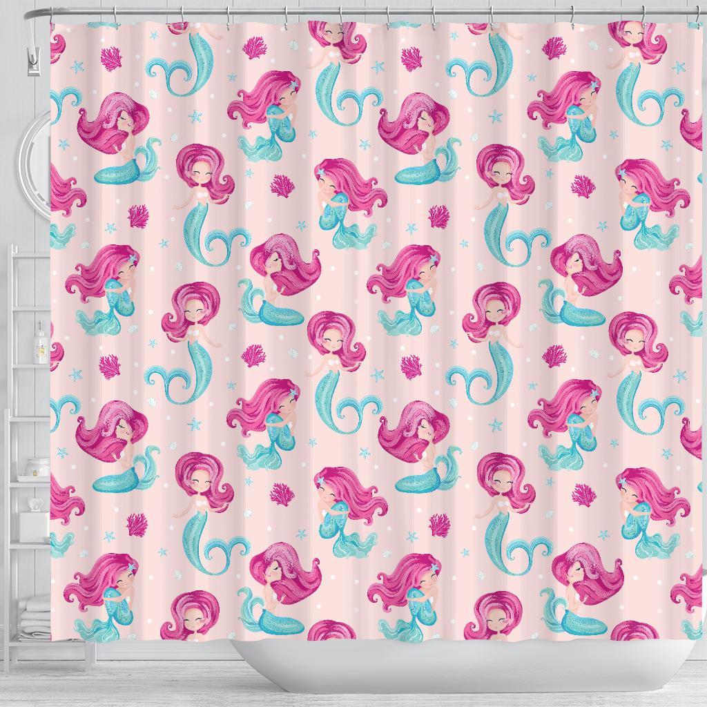 Mermaid Pink Pattern Print Bathroom Shower Curtain-grizzshop