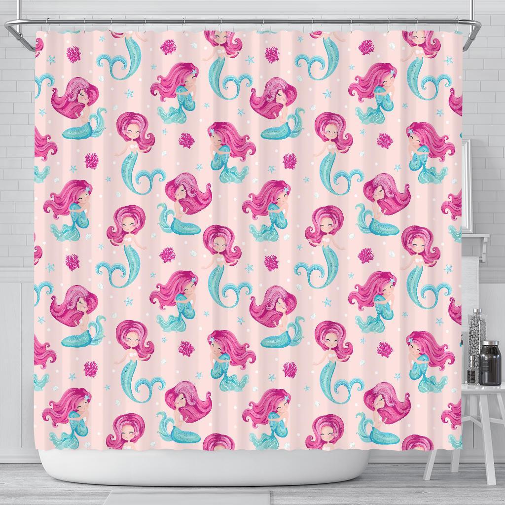 Mermaid Pink Pattern Print Bathroom Shower Curtain-grizzshop