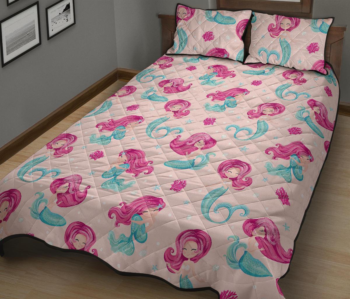 Mermaid Pink Pattern Print Bed Set Quilt-grizzshop