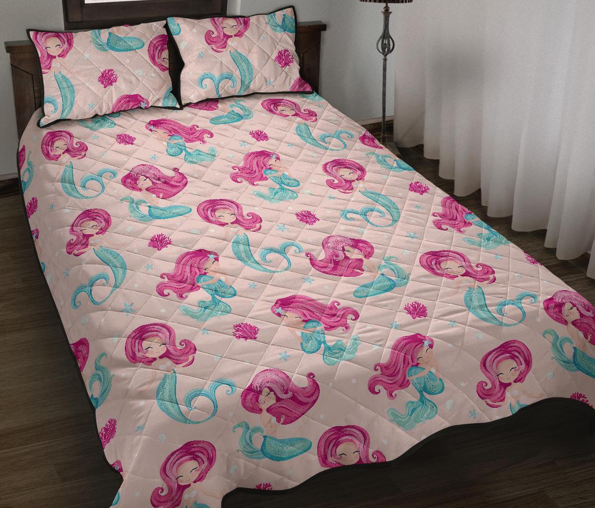 Mermaid Pink Pattern Print Bed Set Quilt-grizzshop