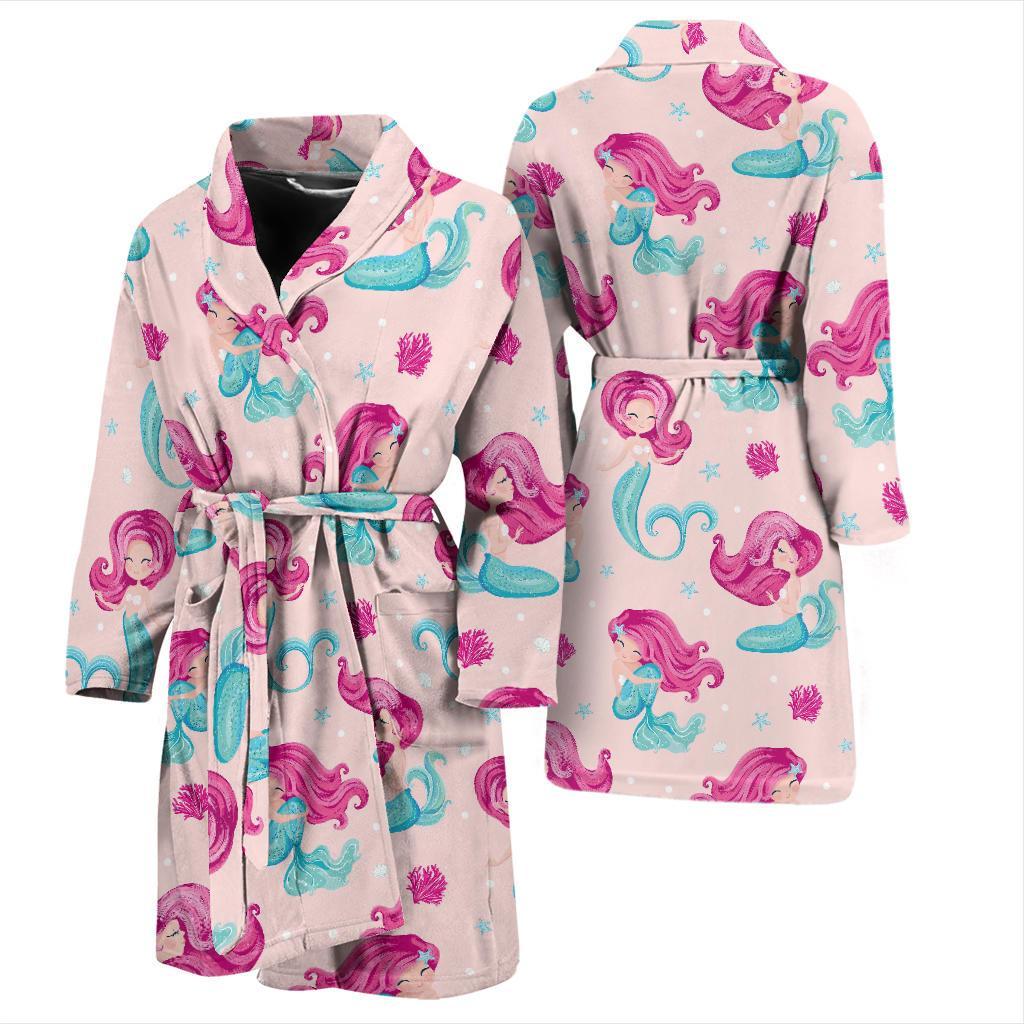 Mermaid Pink Pattern Print Men Long Robe-grizzshop