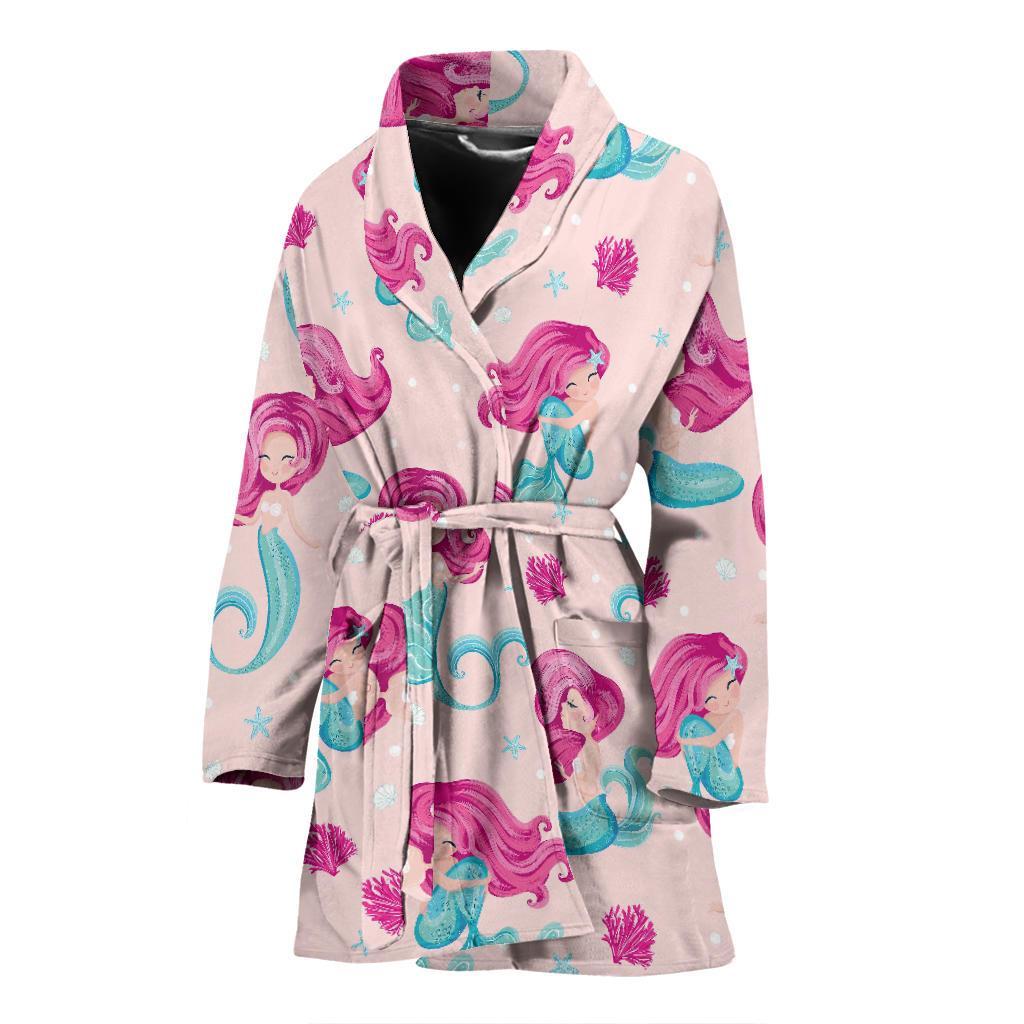 Mermaid Pink Pattern Print Women Long Robe-grizzshop