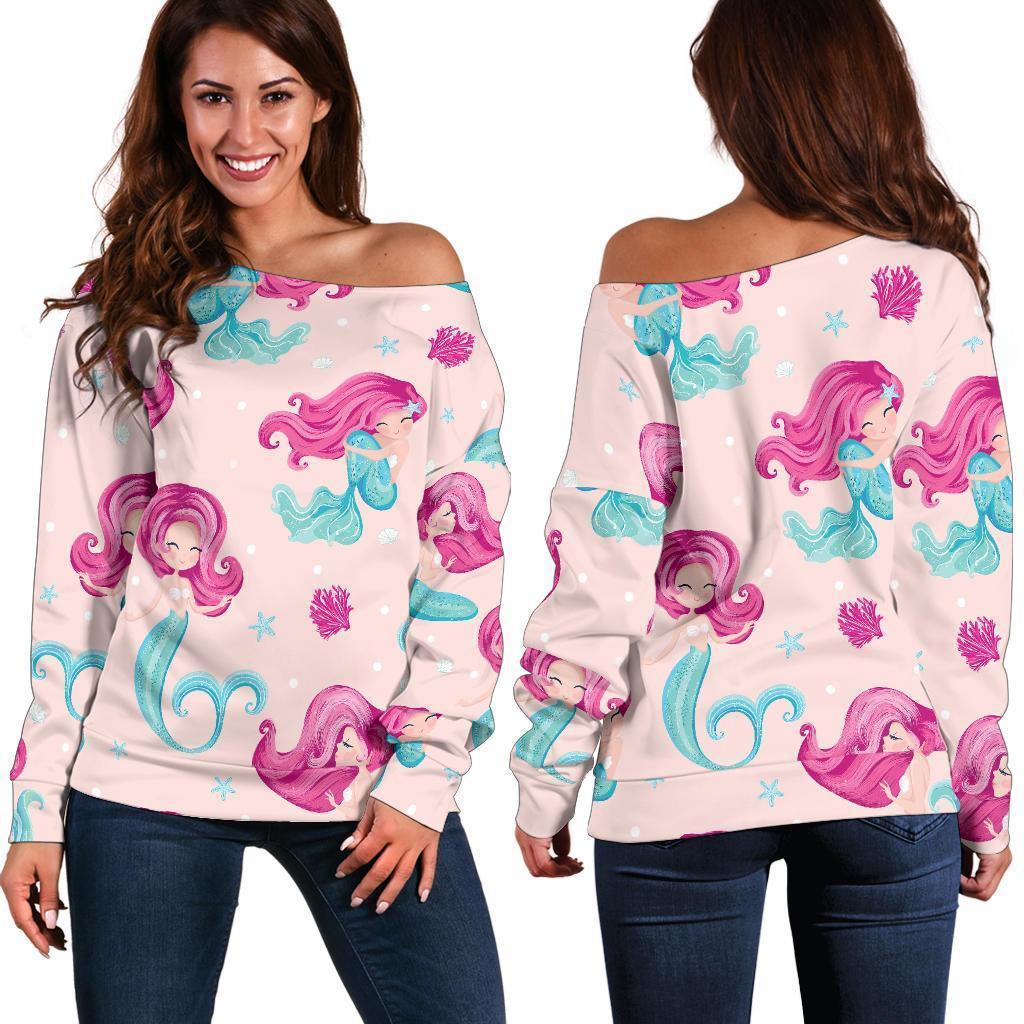 Mermaid Pink Pattern Print Women Off Shoulder Sweatshirt-grizzshop