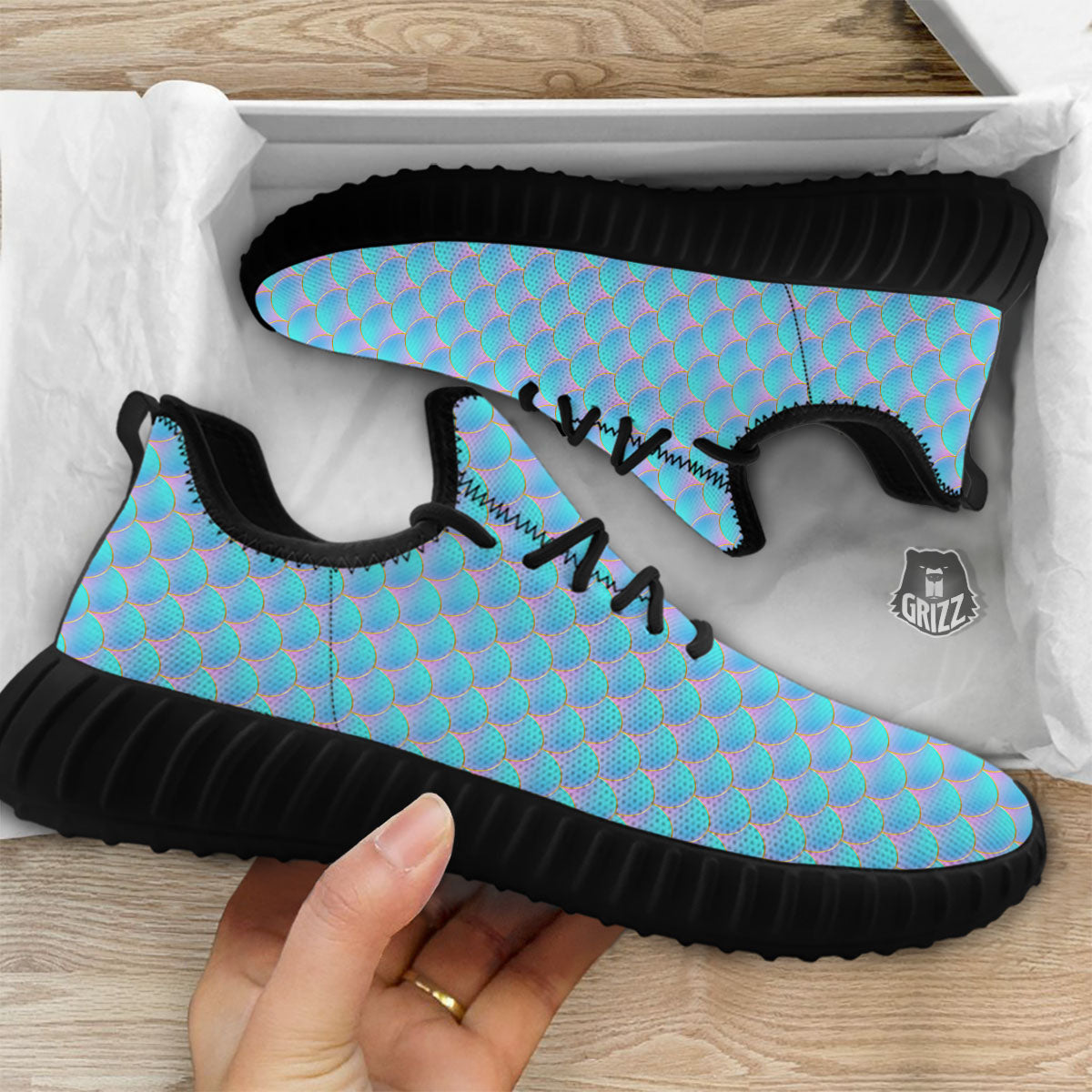 Mermaid Scales Blue Neon Print Pattern Black Walking Shoes-grizzshop