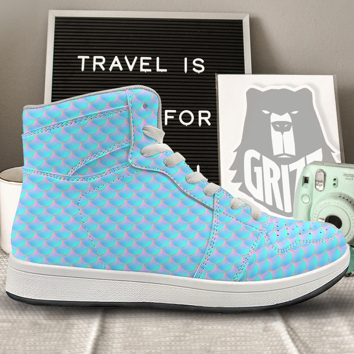 Mermaid Scales Blue Neon Print Pattern High Top Sneakers-grizzshop