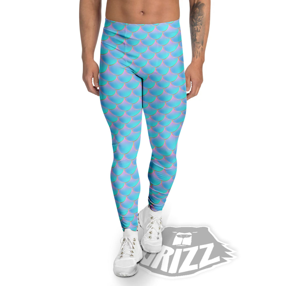 Mermaid Scales Blue Neon Print Pattern Men's Leggings-grizzshop