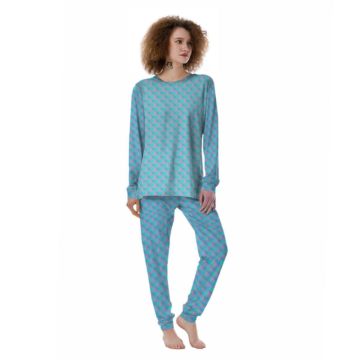 Mermaid Scales Blue Neon Print Pattern Women's Pajamas-grizzshop