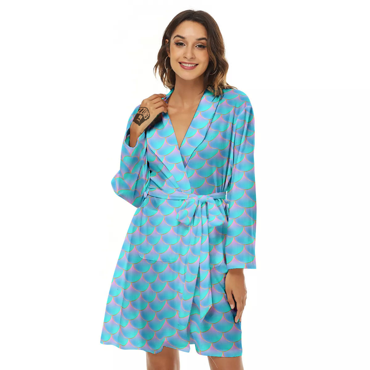 Mermaid Scales Blue Neon Print Pattern Women's Robe-grizzshop