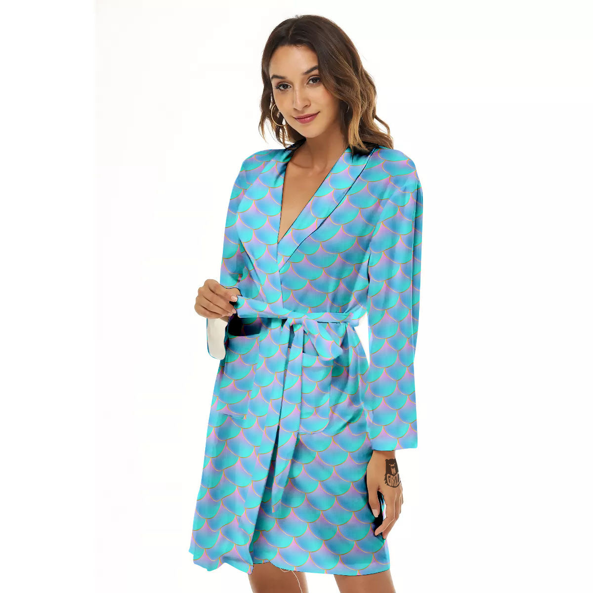 Mermaid Scales Blue Neon Print Pattern Women's Robe-grizzshop