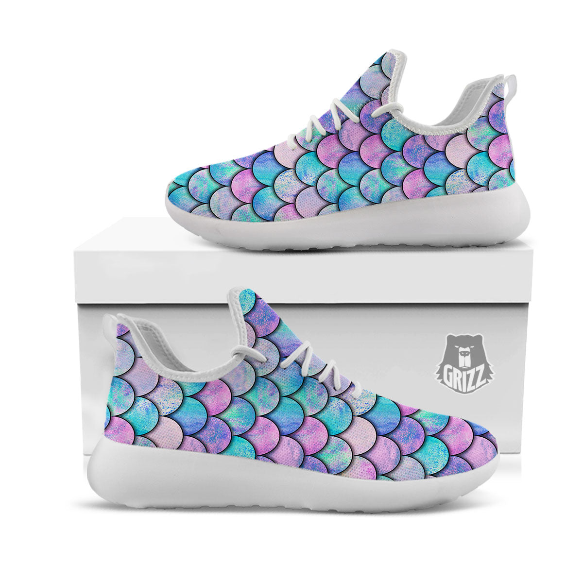 Mermaid Scales Pink And Teal Print Pattern White Athletic Shoes-grizzshop