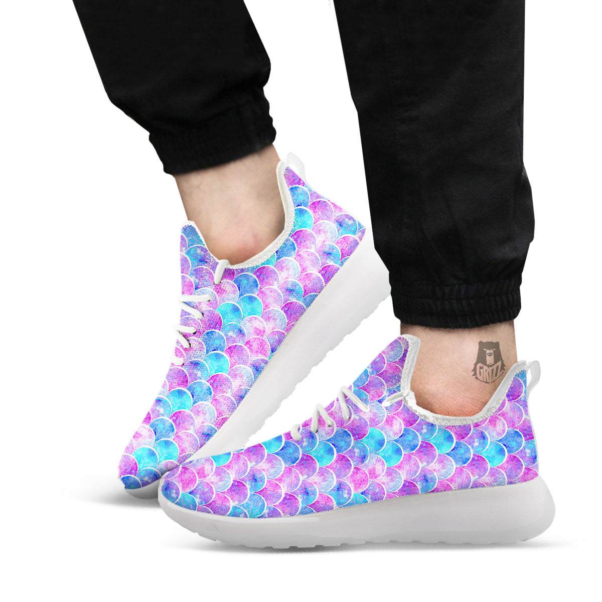 Mermaid Scales Sea Blue Print Pattern White Athletic Shoes-grizzshop