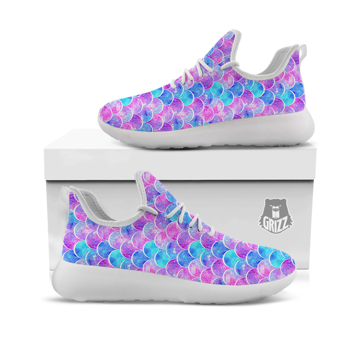 Mermaid Scales Sea Blue Print Pattern White Athletic Shoes-grizzshop