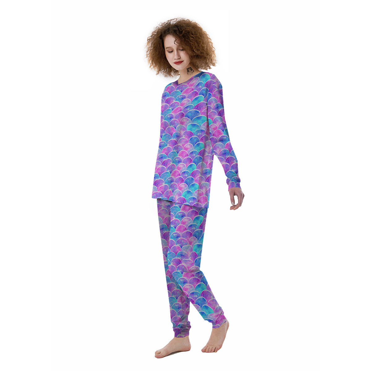 Mermaid Scales Sea Blue Print Pattern Women's Pajamas-grizzshop