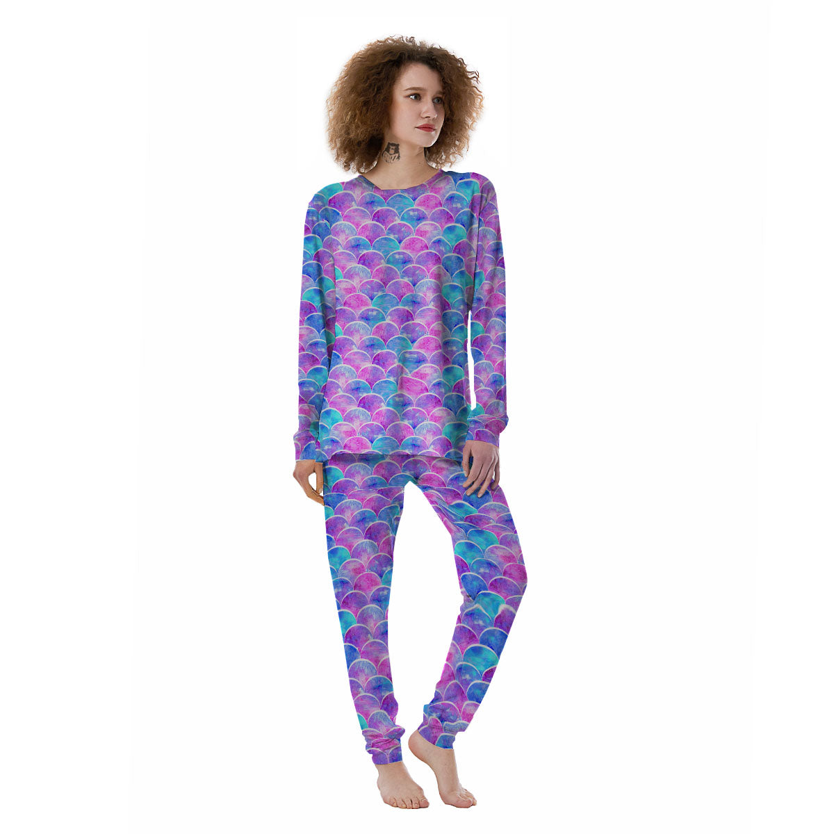 Mermaid Scales Sea Blue Print Pattern Women's Pajamas-grizzshop