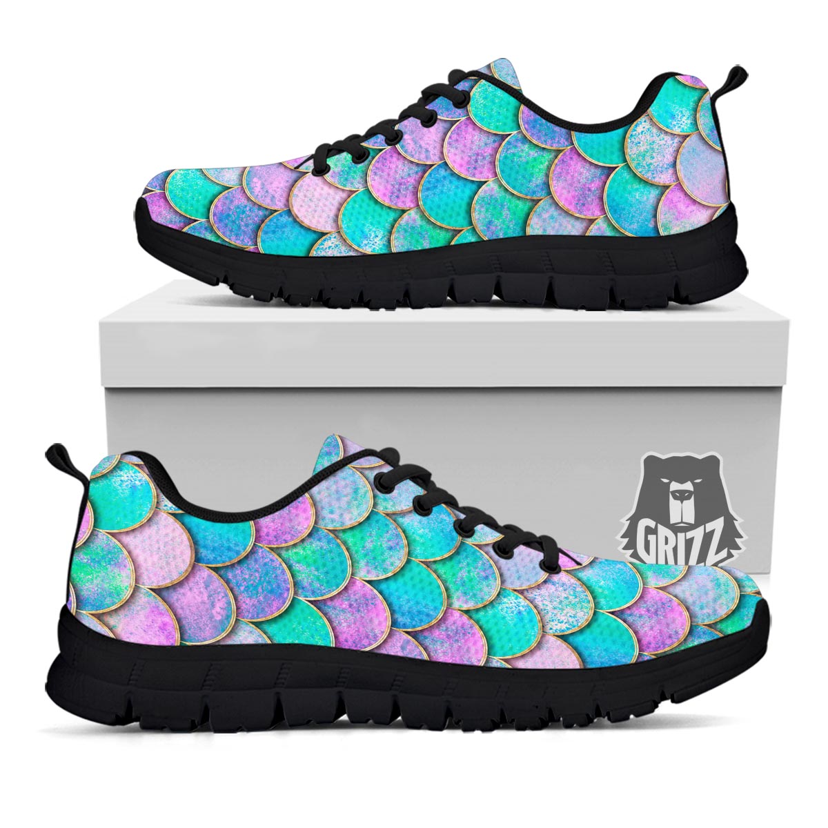 Mermaid Scales Teal Purple Print Pattern Black Sneaker-grizzshop