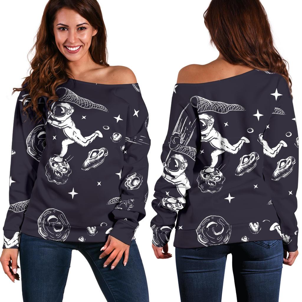 Metero Astronaut Print Pattern Women Off Shoulder Sweatshirt-grizzshop