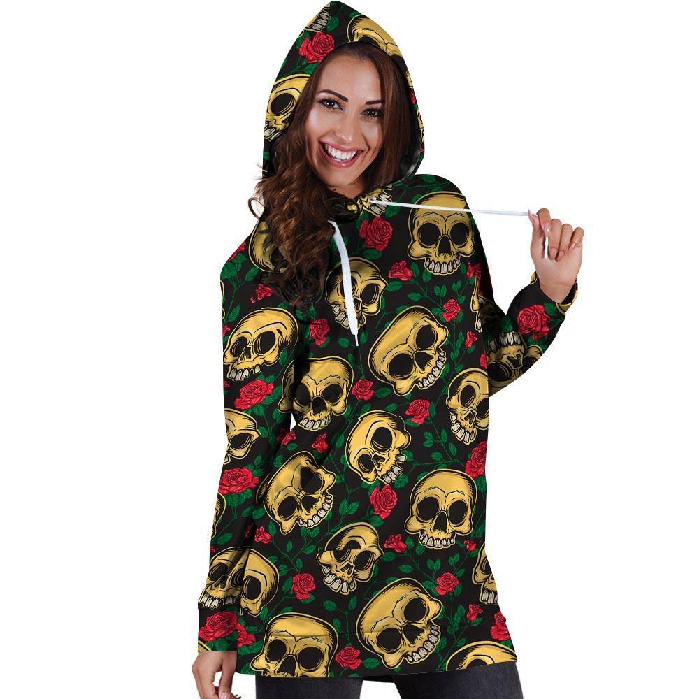 Mexican Rose Skull Hoodie Dress-grizzshop