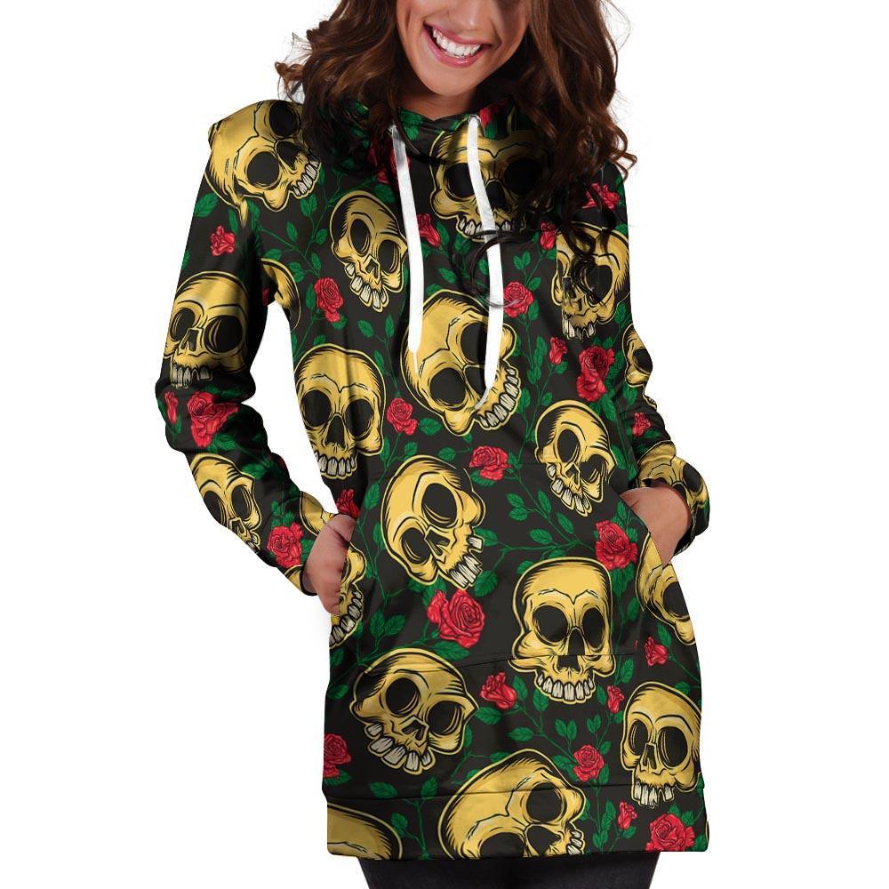 Mexican Rose Skull Hoodie Dress-grizzshop