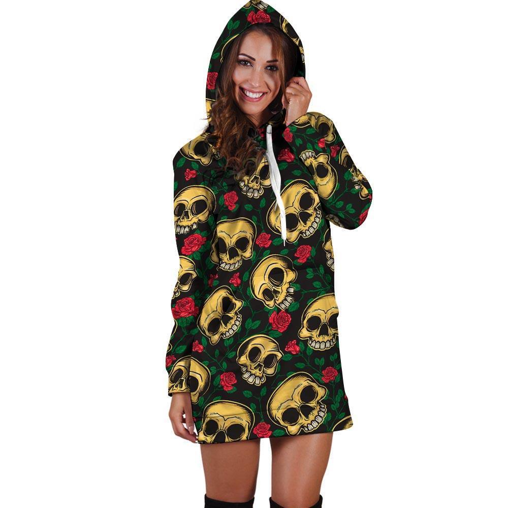 Mexican Rose Skull Hoodie Dress-grizzshop