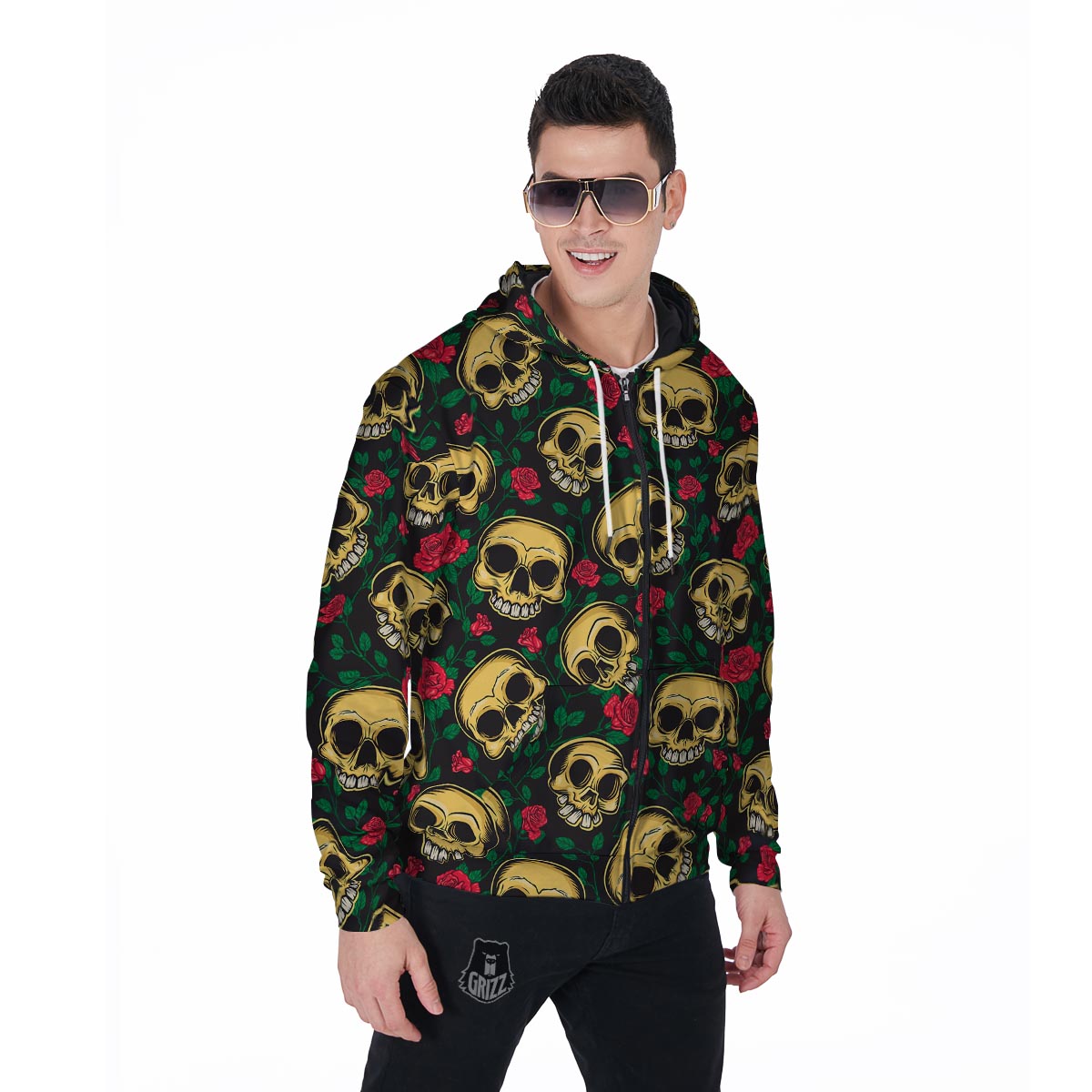Mexican Rose Skull Men's Zip Up Hoodie-grizzshop