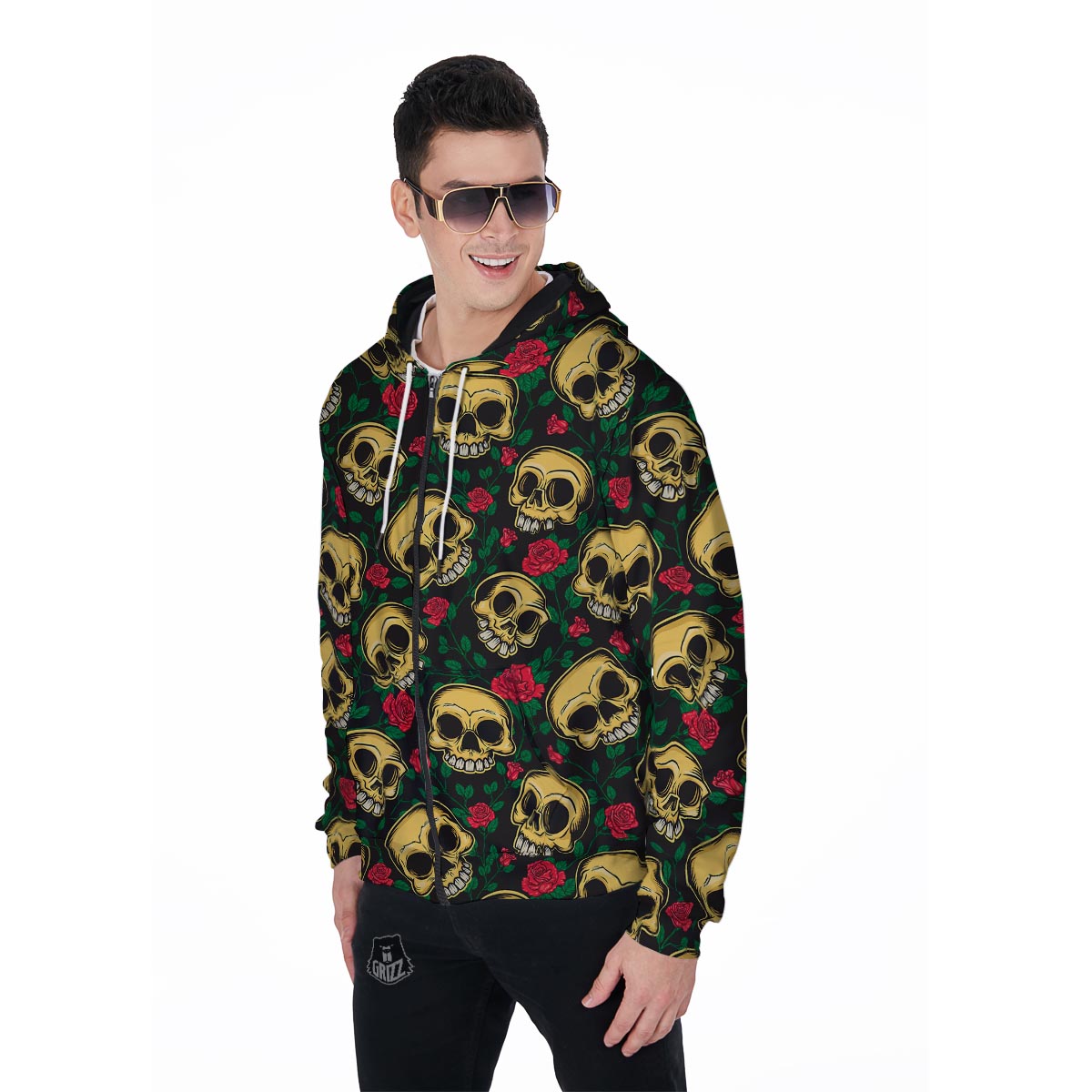 Mexican Rose Skull Men's Zip Up Hoodie-grizzshop