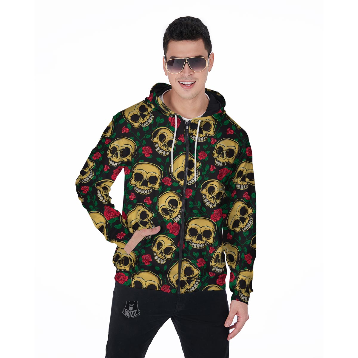 Mexican Rose Skull Men's Zip Up Hoodie-grizzshop