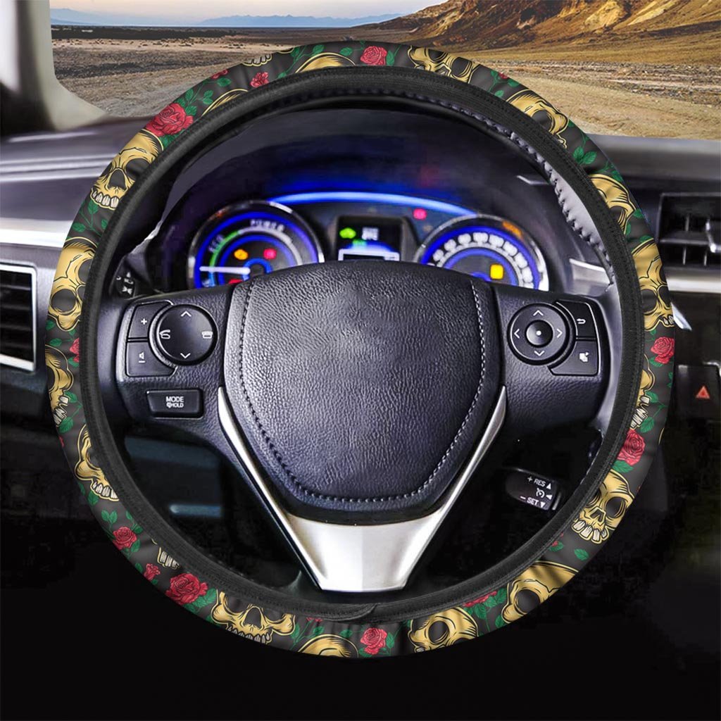 Mexican Rose Skull Steering Wheel Cover-grizzshop