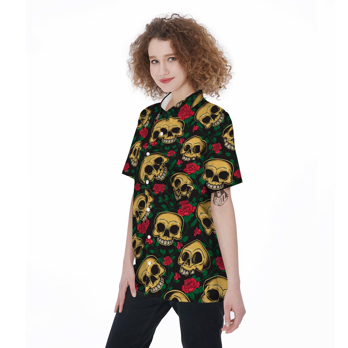 Mexican Rose Skull Women's Short Sleeve Shirts-grizzshop