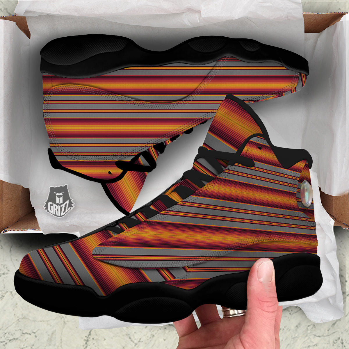 Mexican Serape Grey Orange Print Black Basketball Shoes-grizzshop