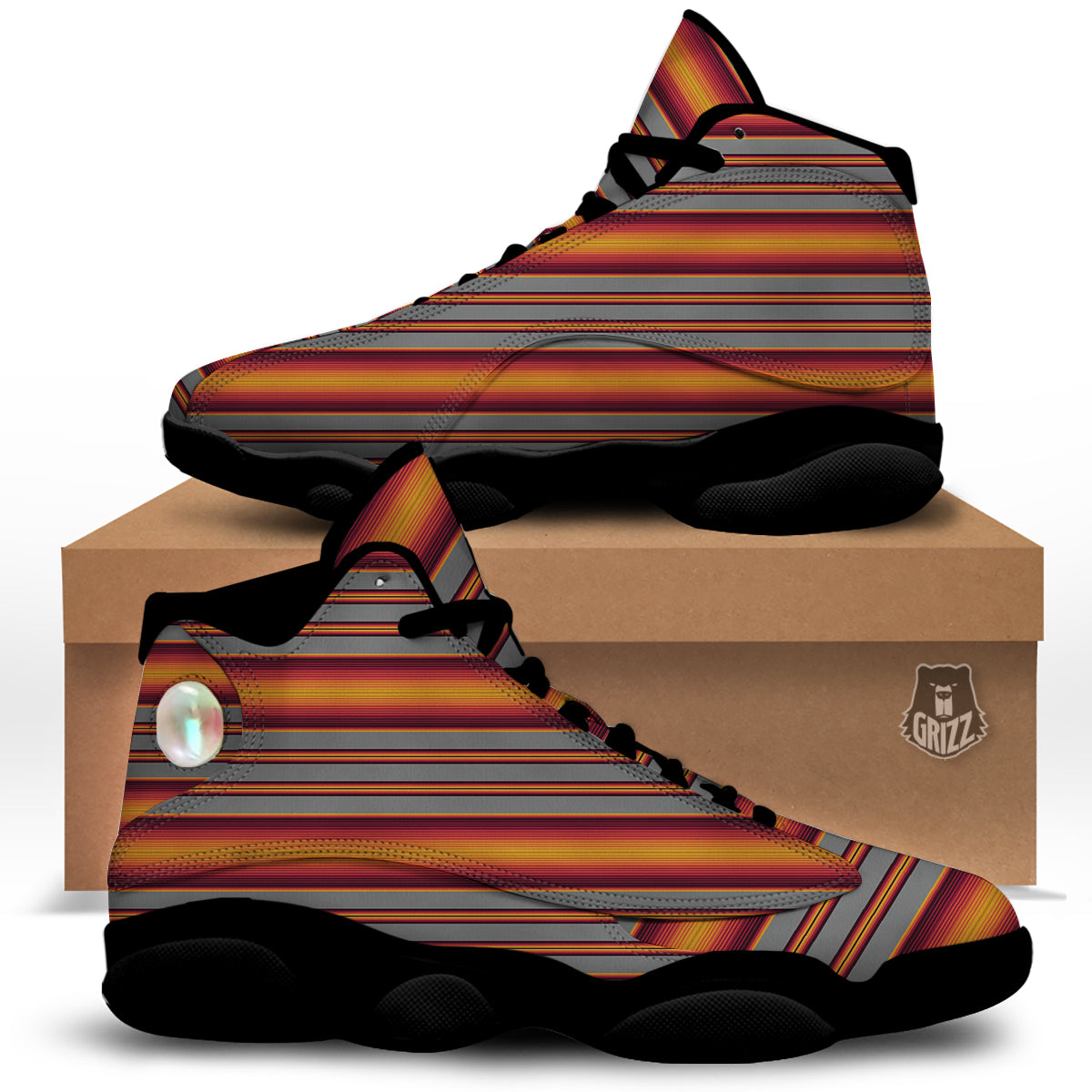 Mexican Serape Grey Orange Print Black Basketball Shoes-grizzshop