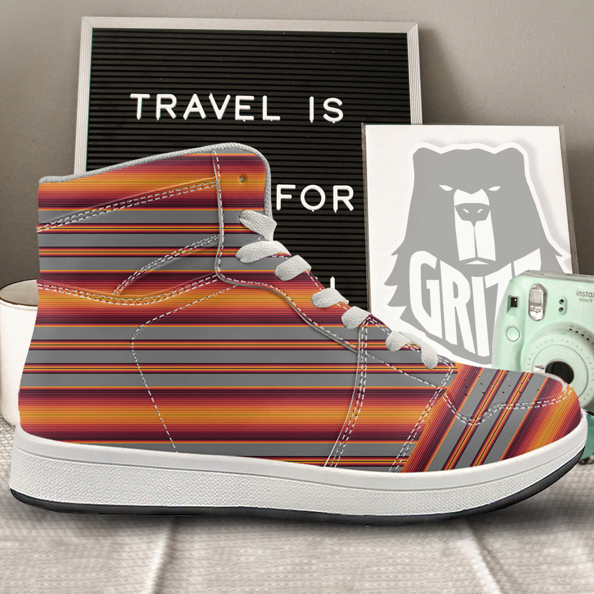 Mexican Serape Grey Orange Print High Top Sneakers-grizzshop