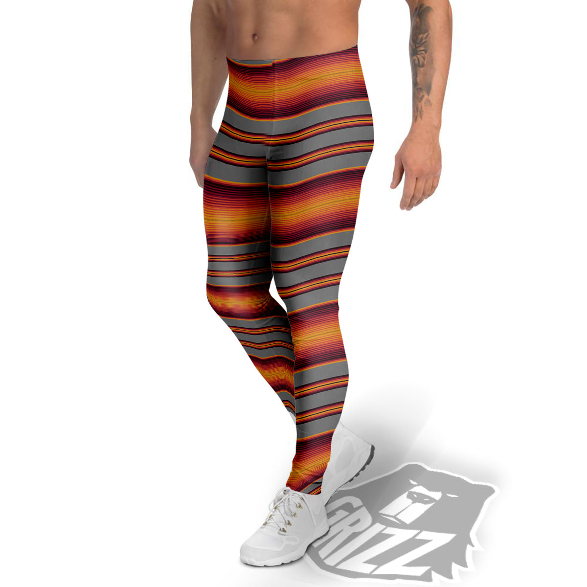 Mexican Serape Grey Orange Print Men's Leggings-grizzshop