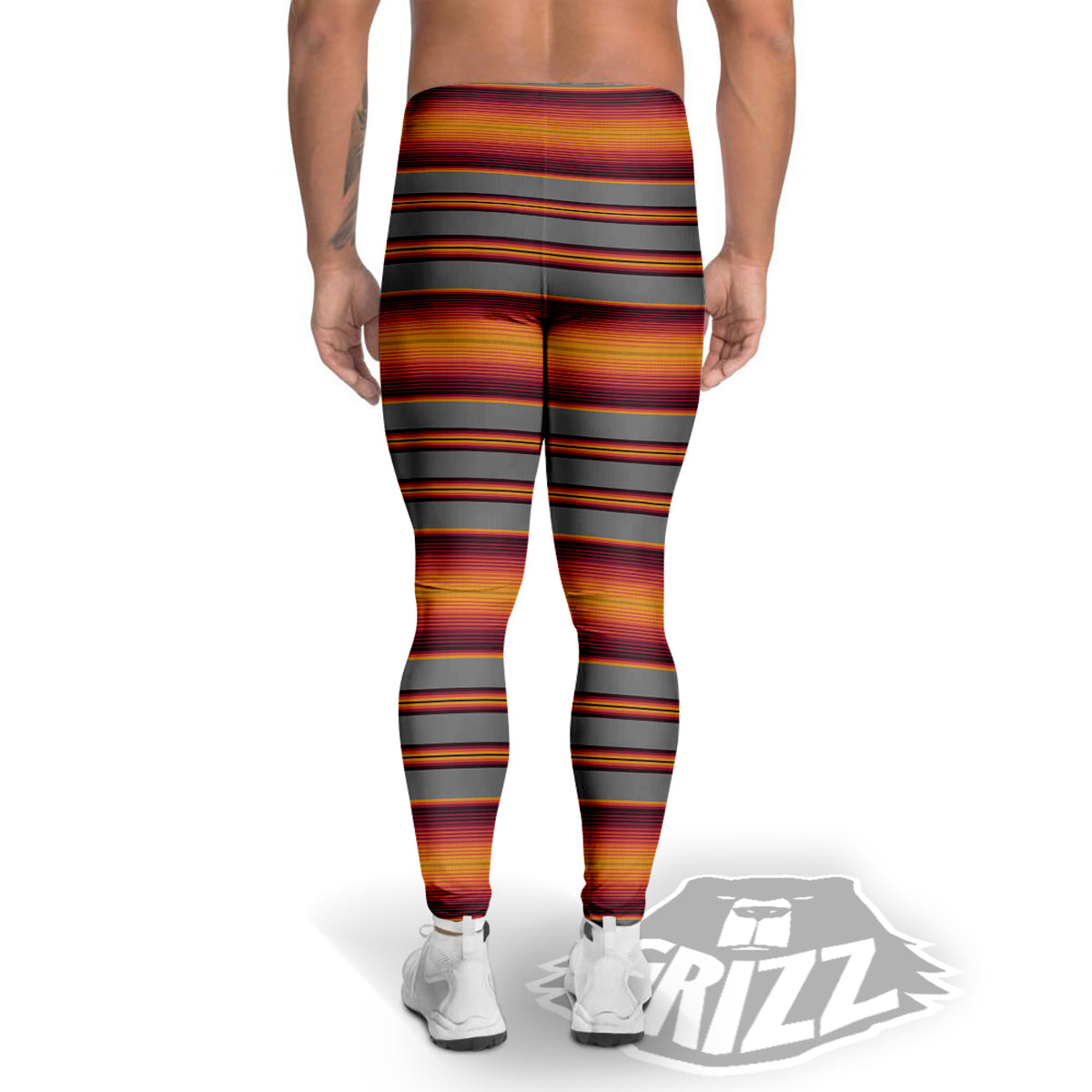 Mexican Serape Grey Orange Print Men's Leggings-grizzshop