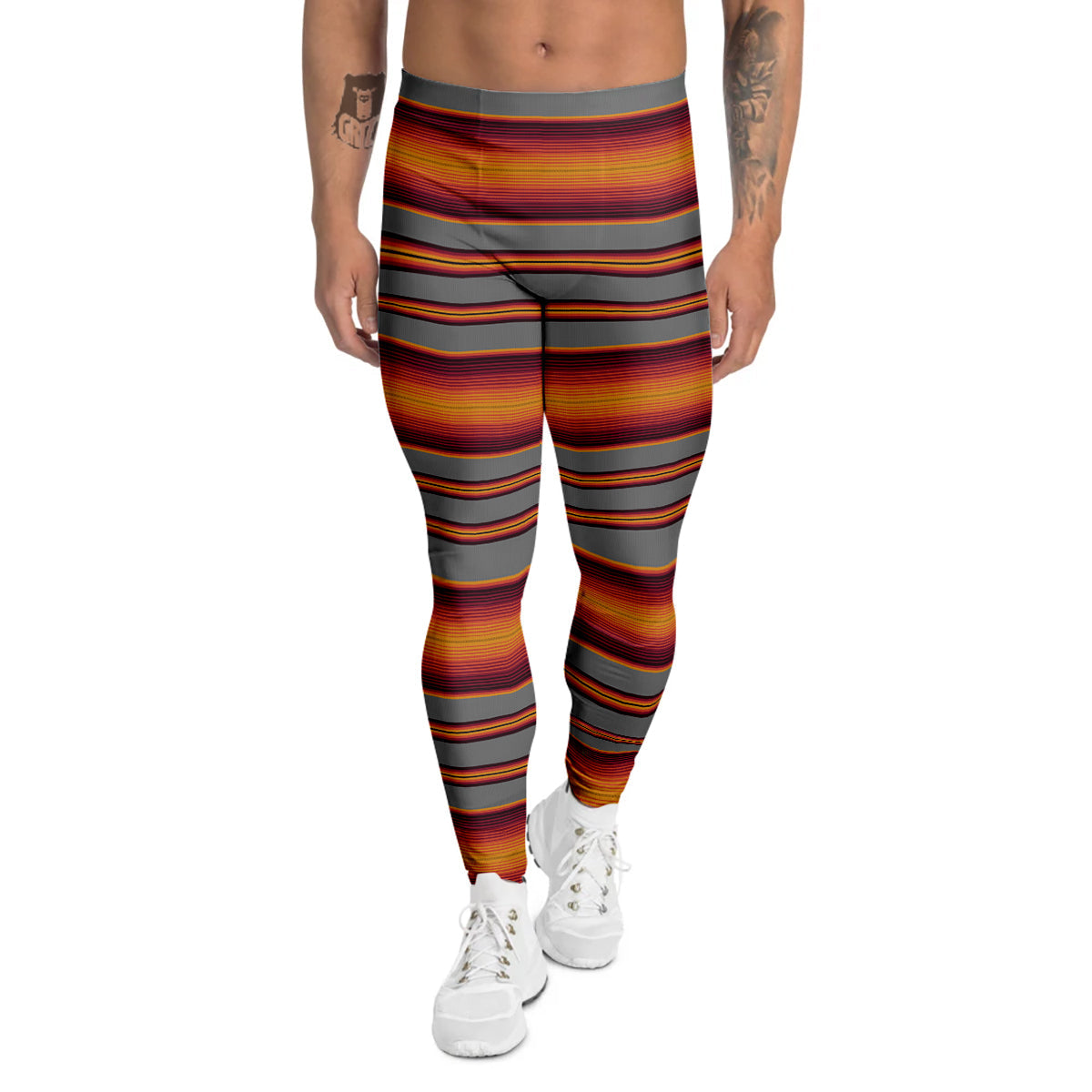 Mexican Serape Grey Orange Print Men's Leggings-grizzshop