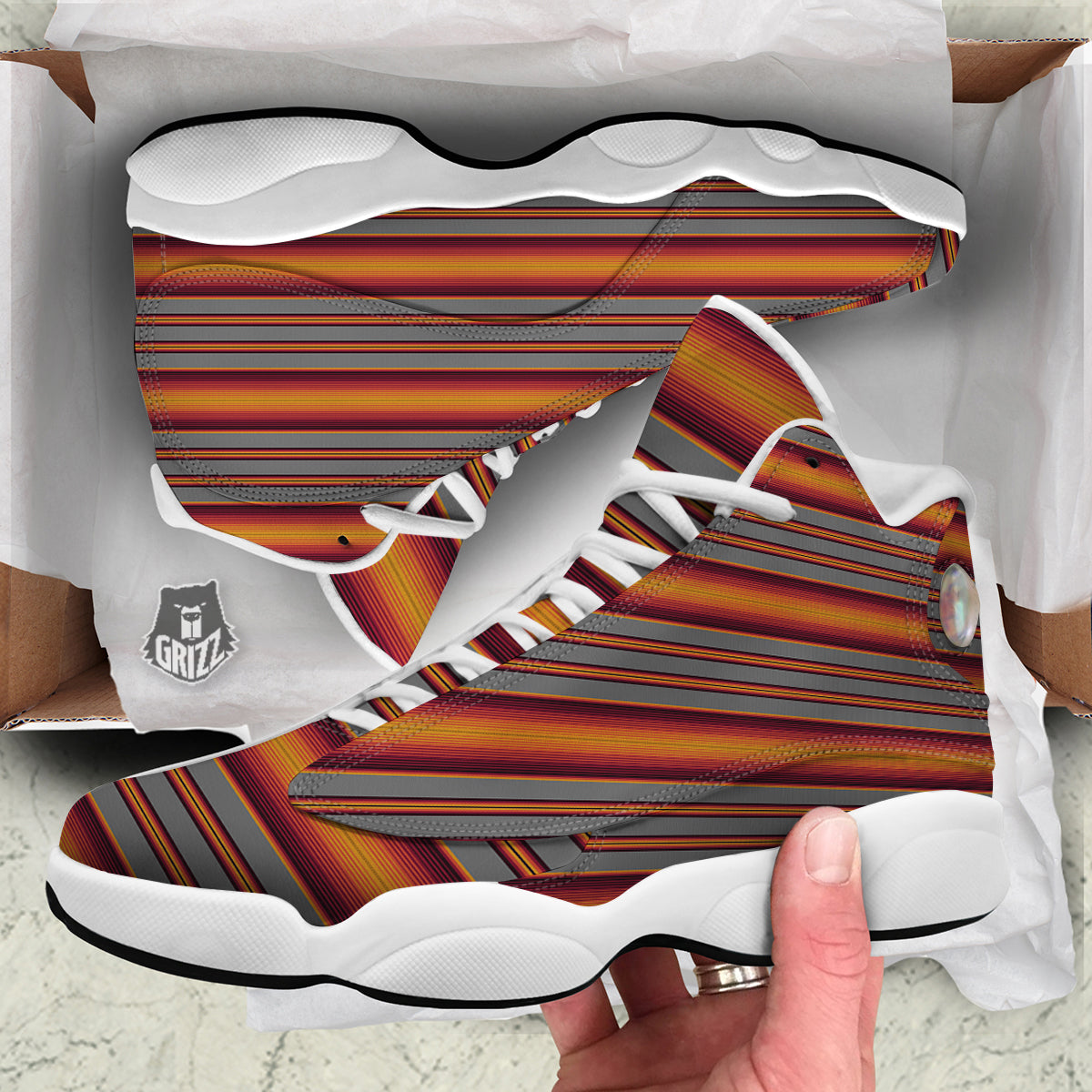 Mexican Serape Grey Orange Print White Basketball Shoes-grizzshop
