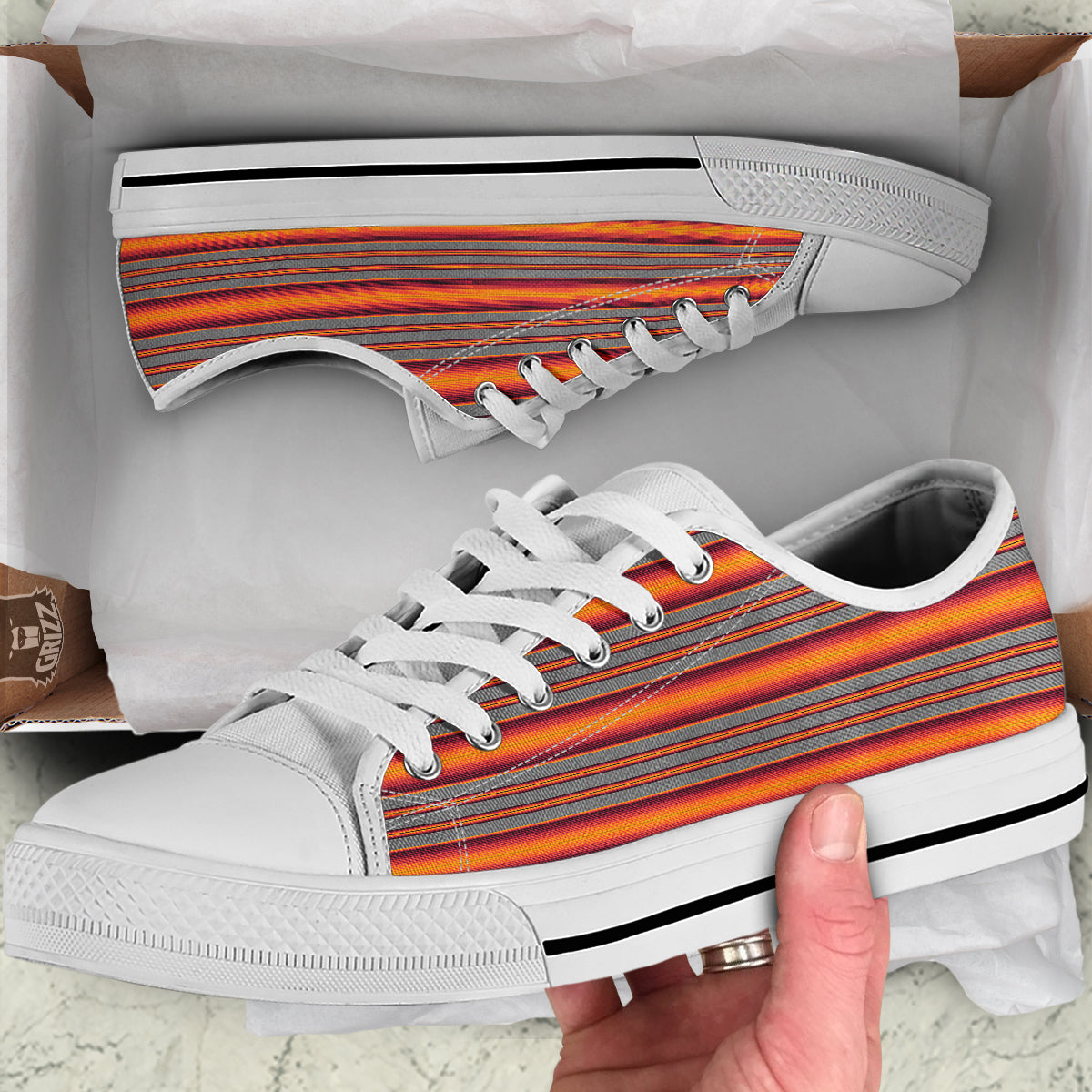 Mexican Serape Grey Orange Print White Low Top Shoes-grizzshop