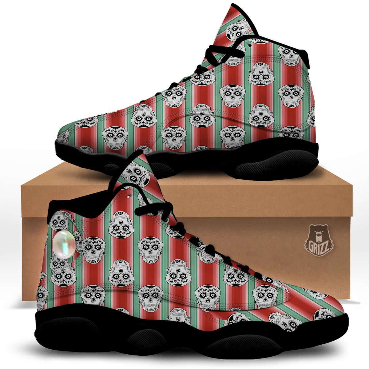 Mexican Serape Sugar Skull Print Pattern Black Basketball Shoes-grizzshop