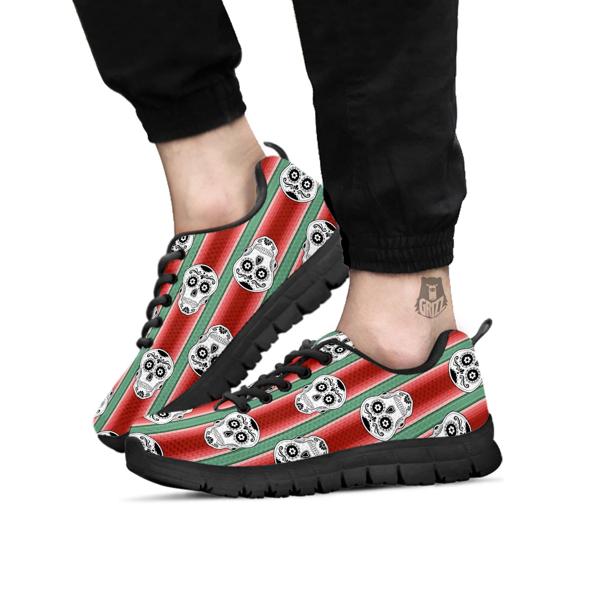 Mexican Serape Sugar Skull Print Pattern Black Sneaker-grizzshop