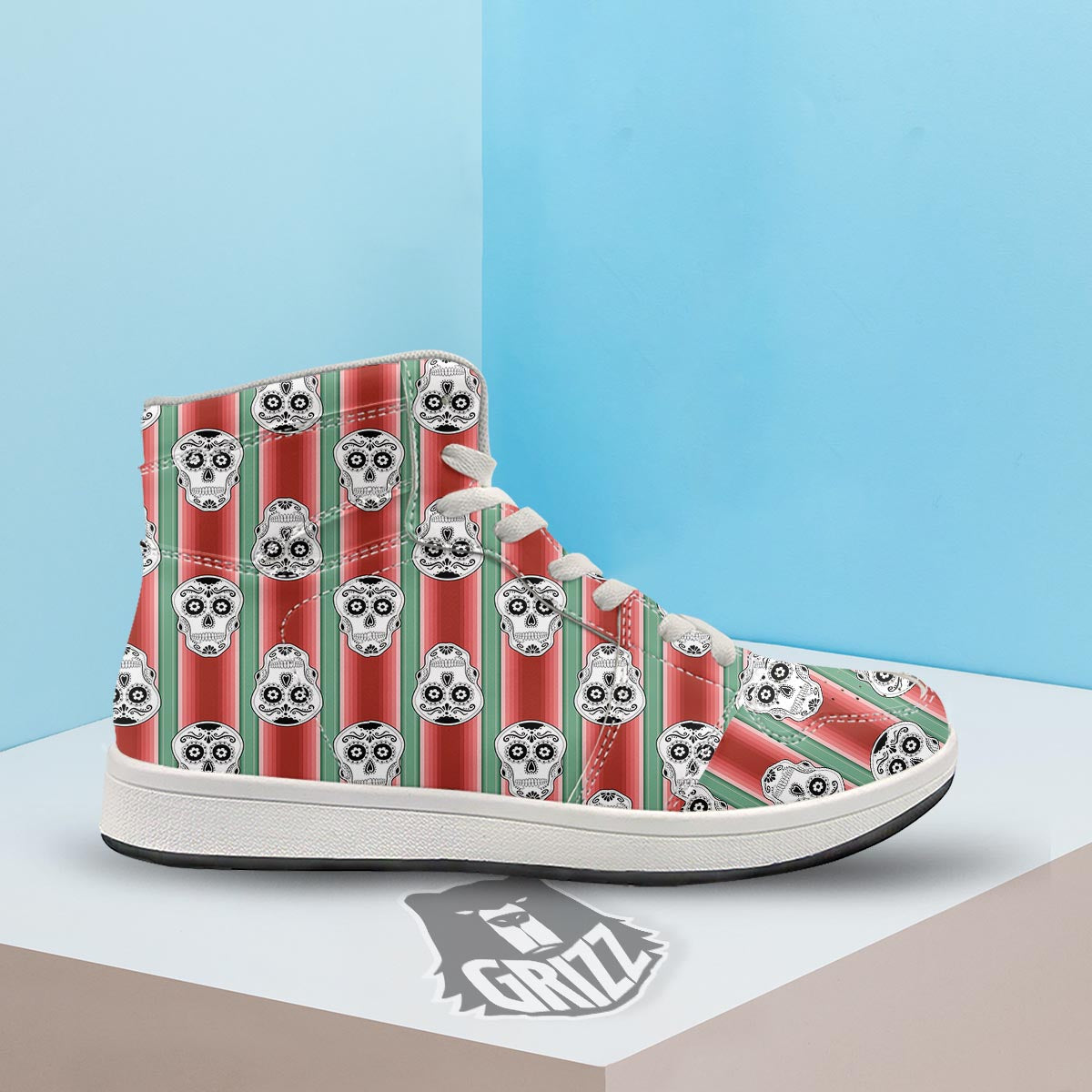 Mexican Serape Sugar Skull Print Pattern High Top Sneakers-grizzshop