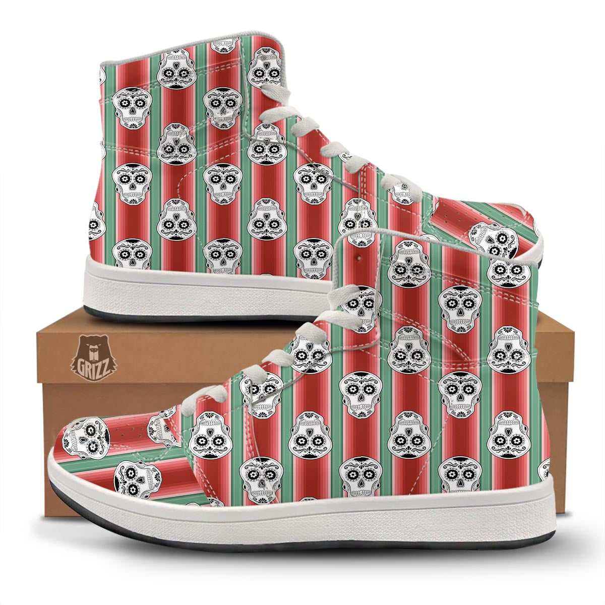 Mexican Serape Sugar Skull Print Pattern High Top Sneakers-grizzshop