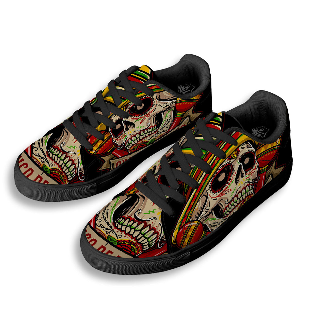 Mexican Skull Cinco de Mayo Print Black Low Top Sneakers-grizzshop