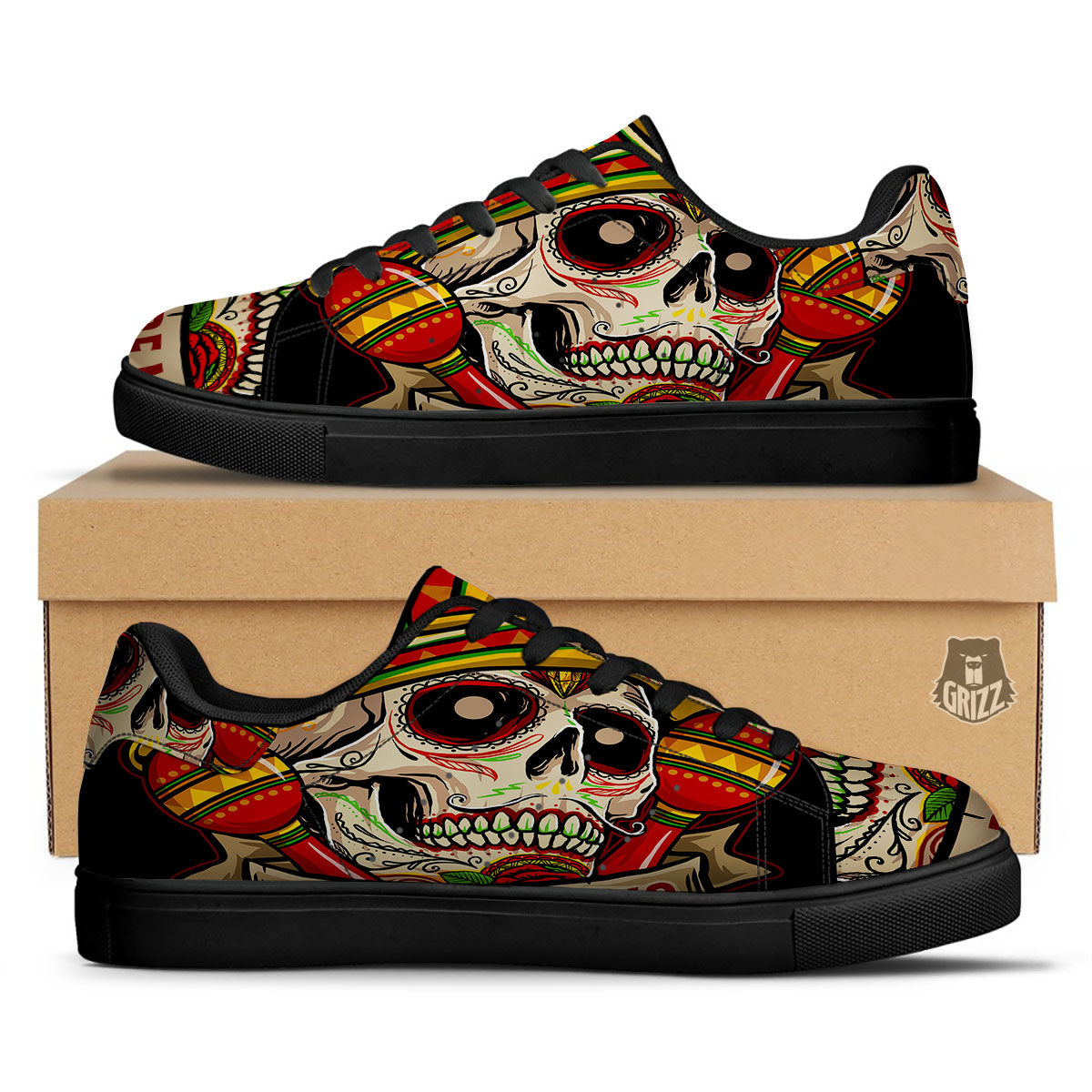 Mexican Skull Cinco de Mayo Print Black Low Top Sneakers-grizzshop