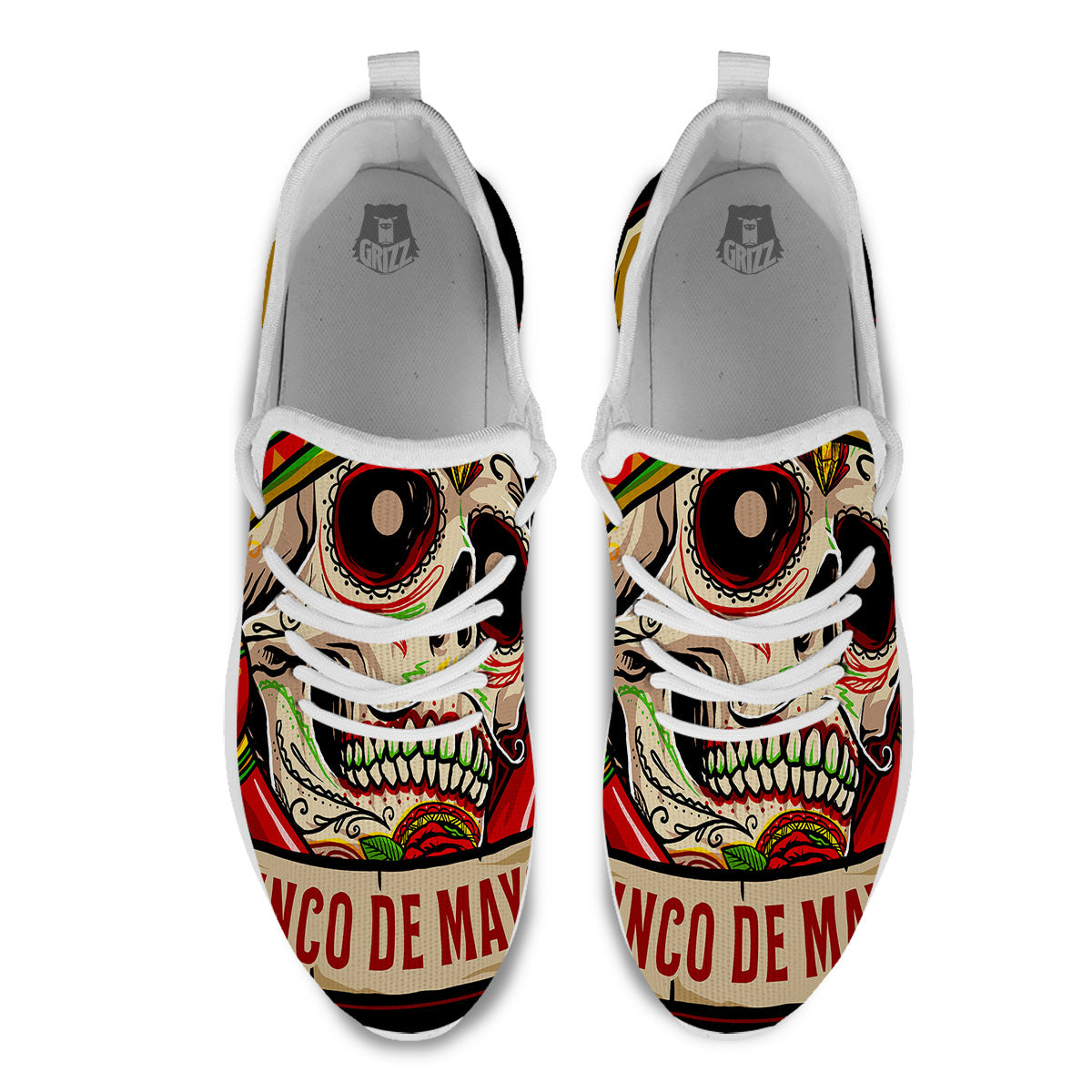 Mexican Skull Cinco de Mayo Print White Athletic Shoes-grizzshop